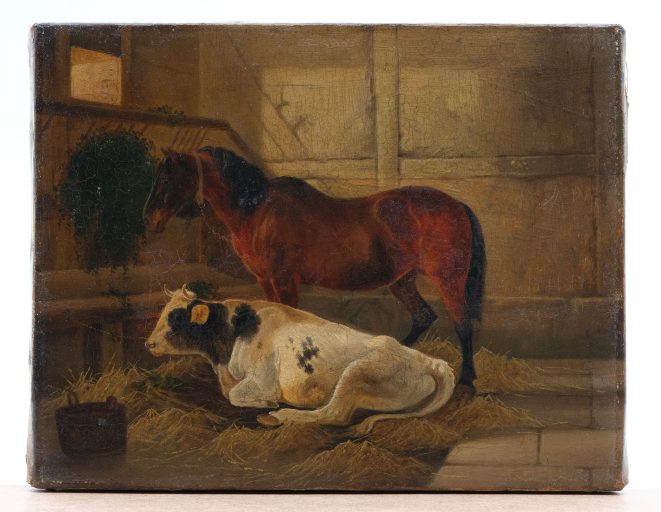 Gemälde Pferd und Kuh im Stall von Gustav Adolf Friedrich, Dresden