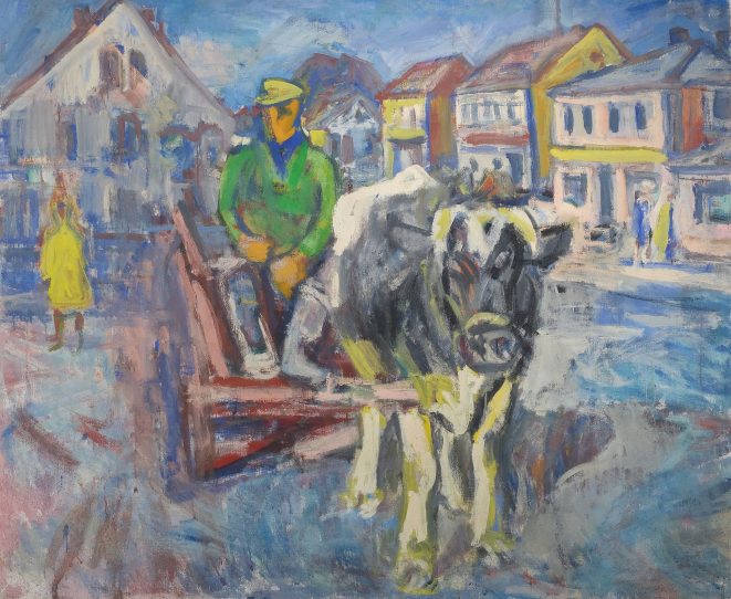 Fritz Winkler Bauer mit Gespann vor Stadtsilhouette Kunsthandlung Kühne