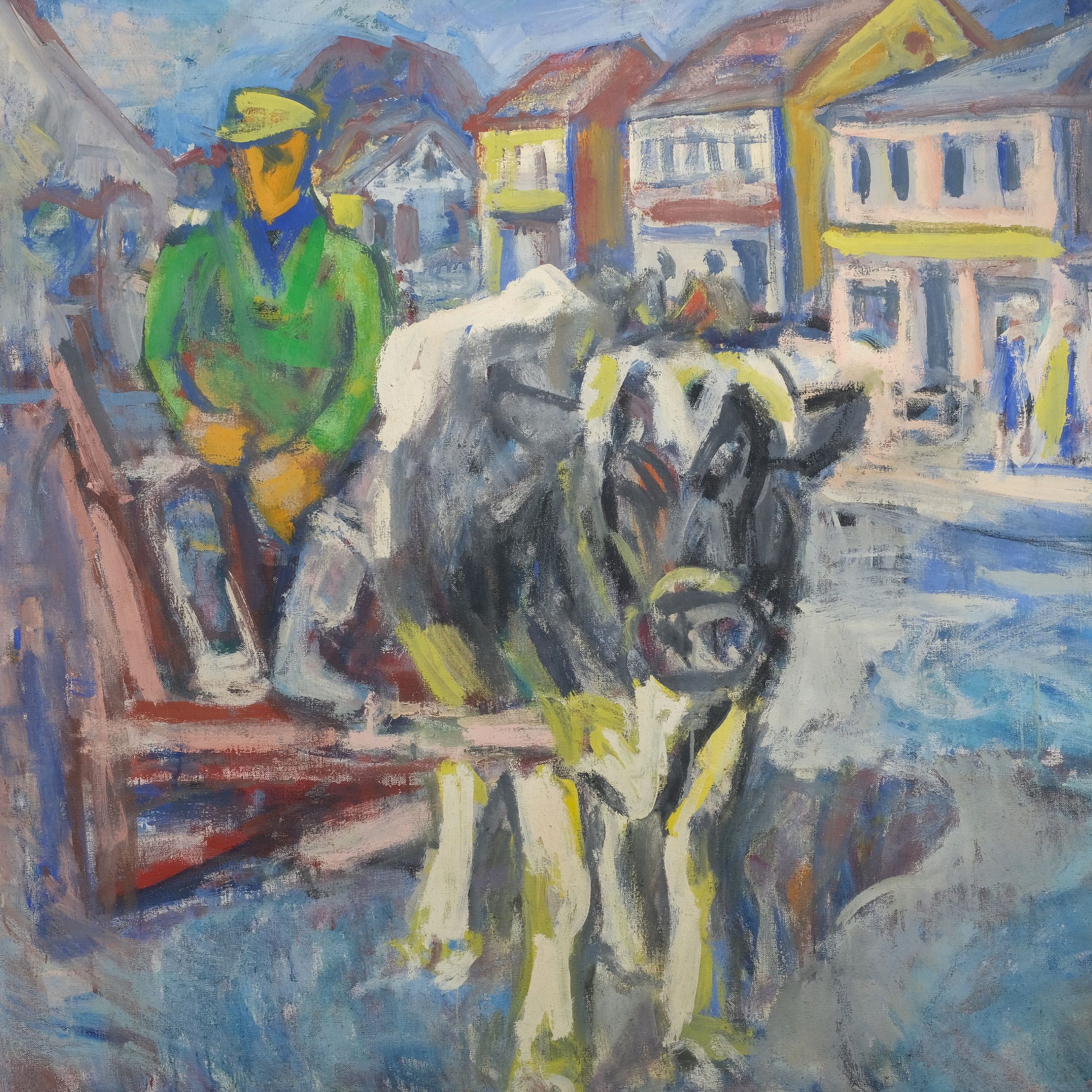 Fritz Winkler Bauer mit Gespann vor Stadtsilhouette Kunsthandlung Kühne