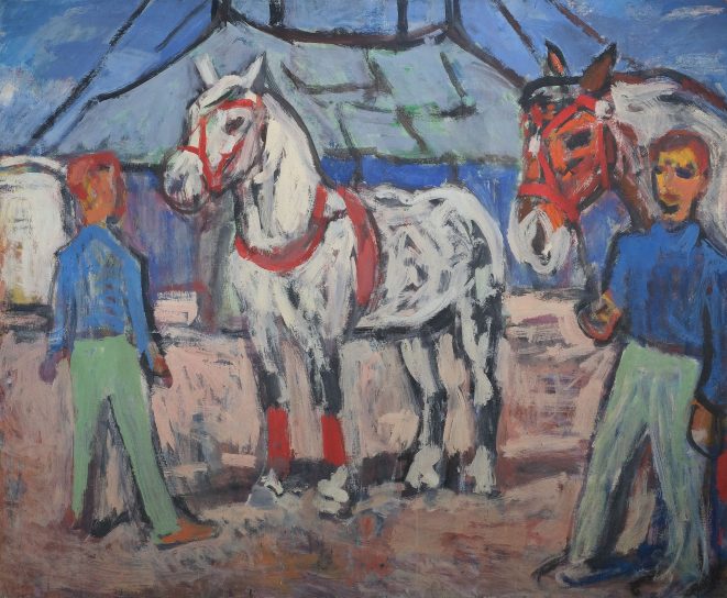 Fritz Winkler Percherons vor Zirkuszelt Kunsthandlung Kühne