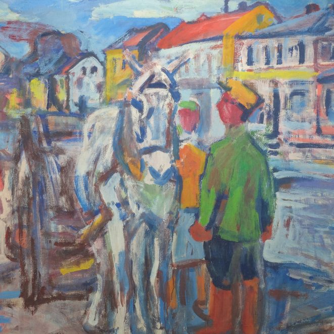 Fritz Winkler Pferdewagen vor Stadtsilhouette Kunsthandlung Kühne