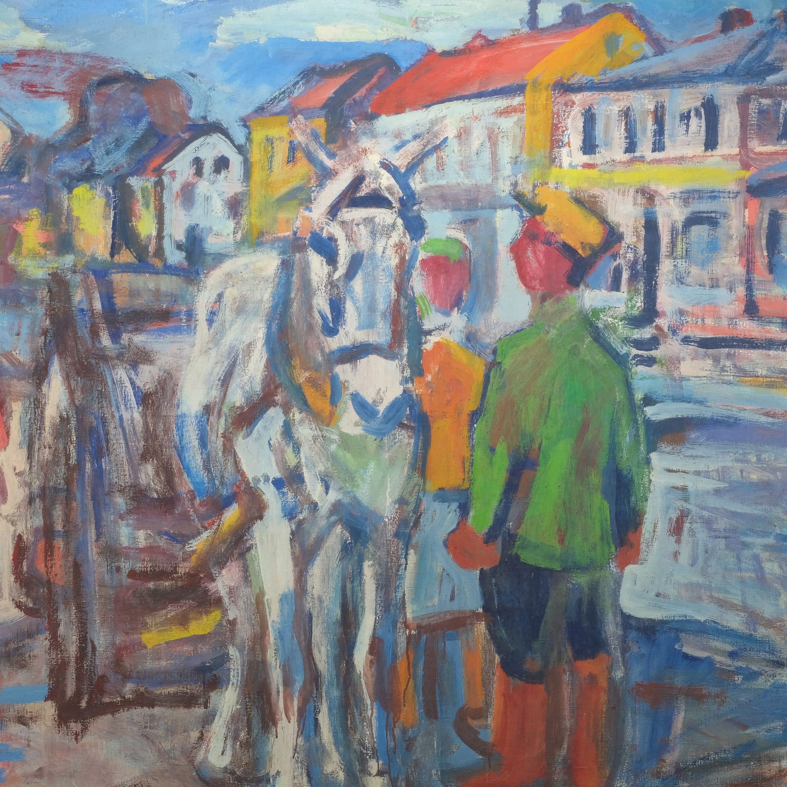 Fritz Winkler Pferdewagen vor Stadtsilhouette Kunsthandlung Kühne