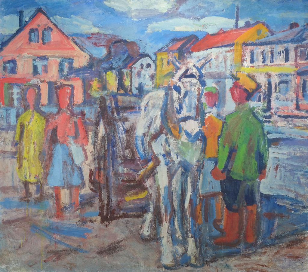 Fritz Winkler Pferdewagen vor Stadtsilhouette Kunsthandlung Kühne