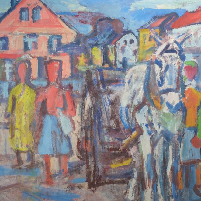 Fritz Winkler Pferdewagen vor Stadtsilhouette Kunsthandlung Kühne