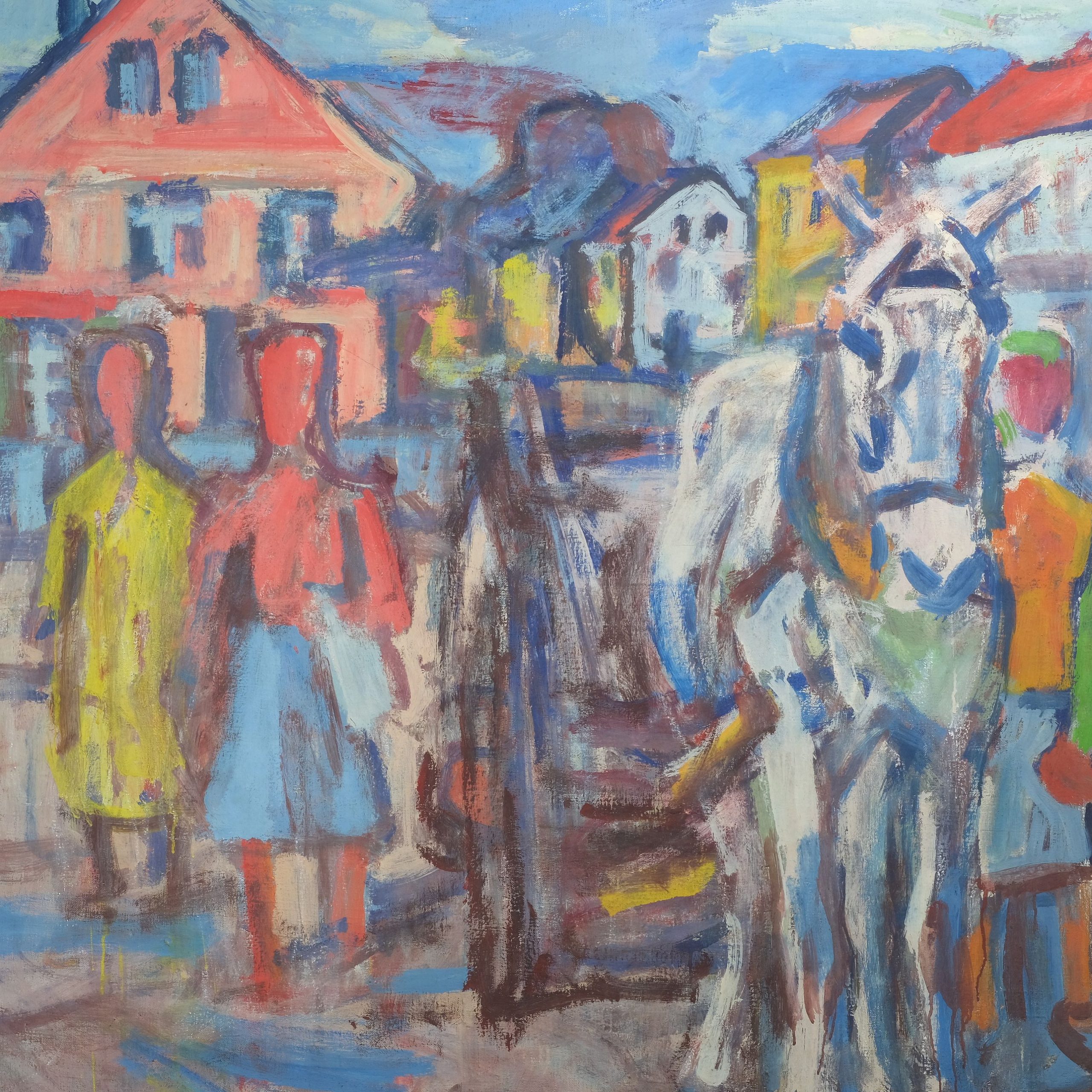 Fritz Winkler Pferdewagen vor Stadtsilhouette Kunsthandlung Kühne