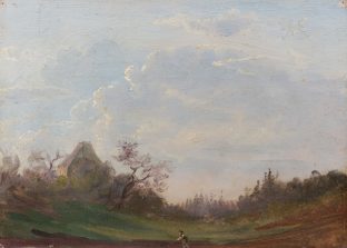 Landschaft mit pflügendem Bauern