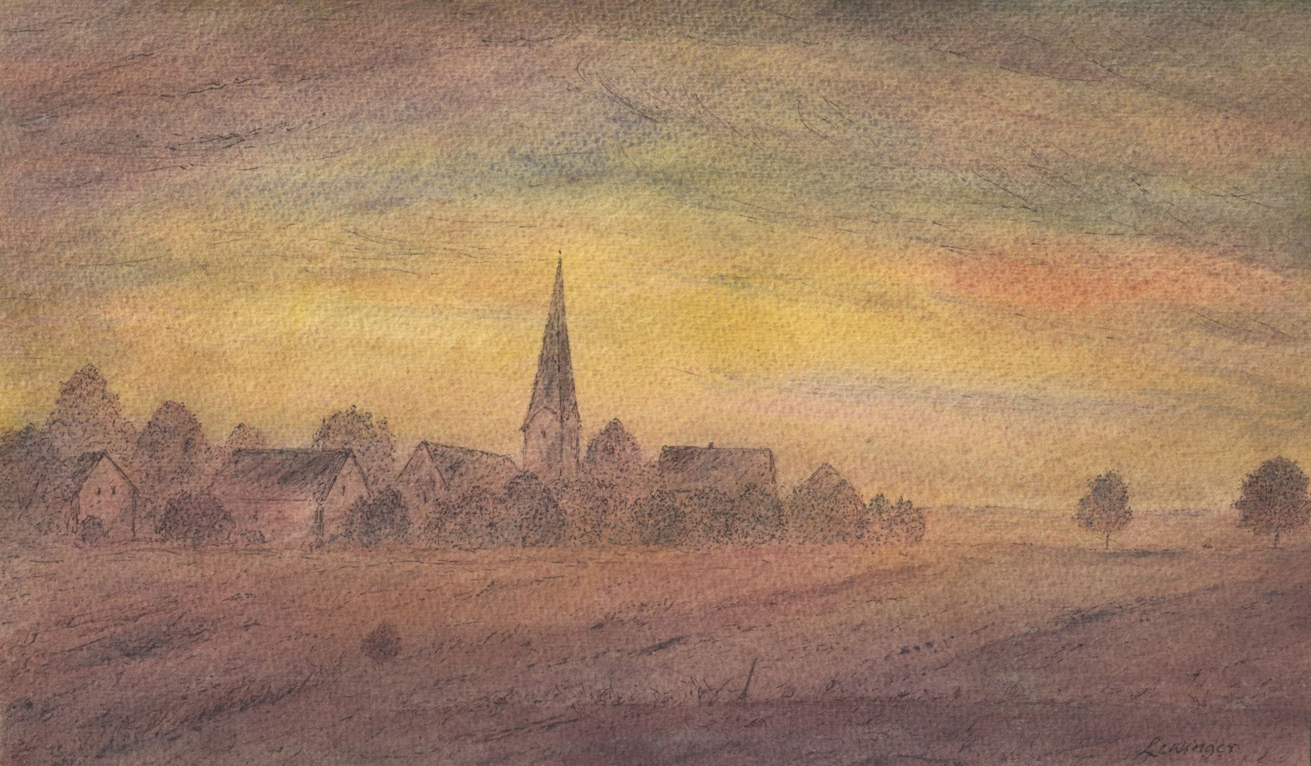 Ernst Lewinger Städtchen bei Sonnenuntergang Kunsthandlung Kühne
