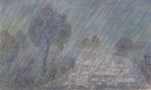 Flusslandschaft im Regen